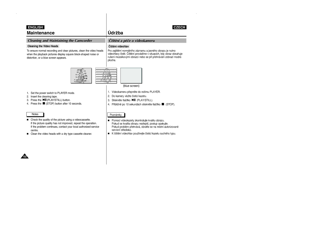 Samsung CZECH manual Maintenance ÚdrÏba, Cleaning and Maintaining the Camcorder, Âi‰tûní a péãe o videokameru 