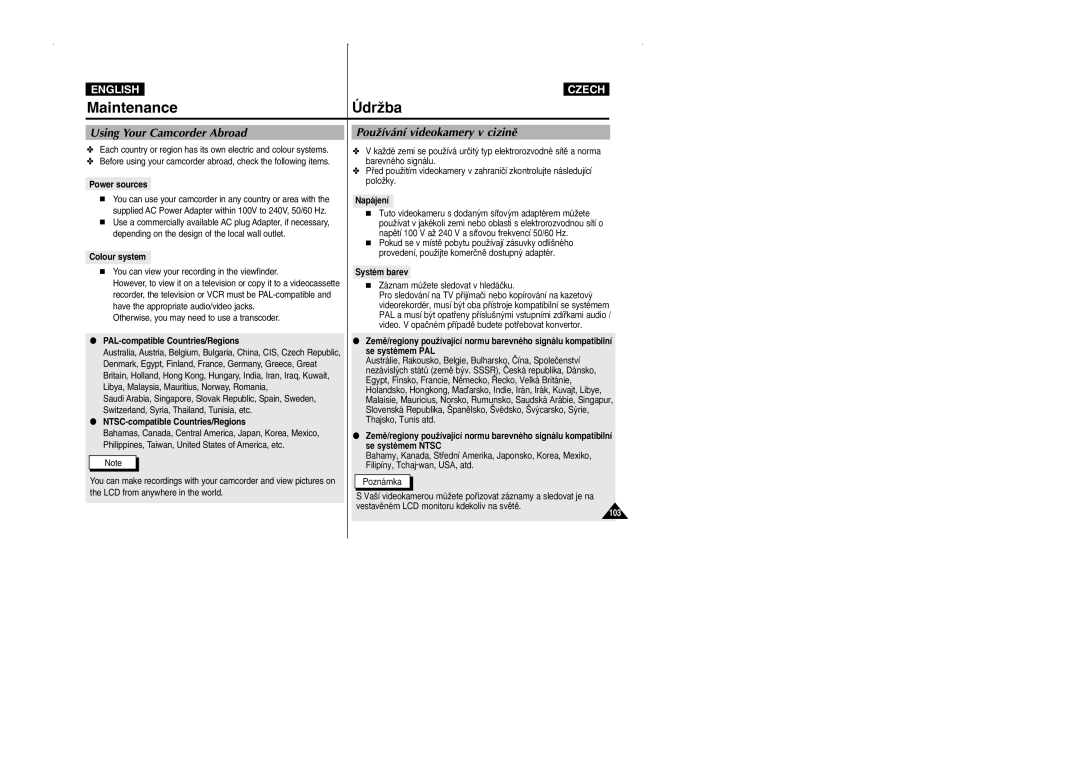 Samsung CZECH manual Using Your Camcorder Abroad, PouÏívání videokamery v cizinû, Napájení, Systém barev 