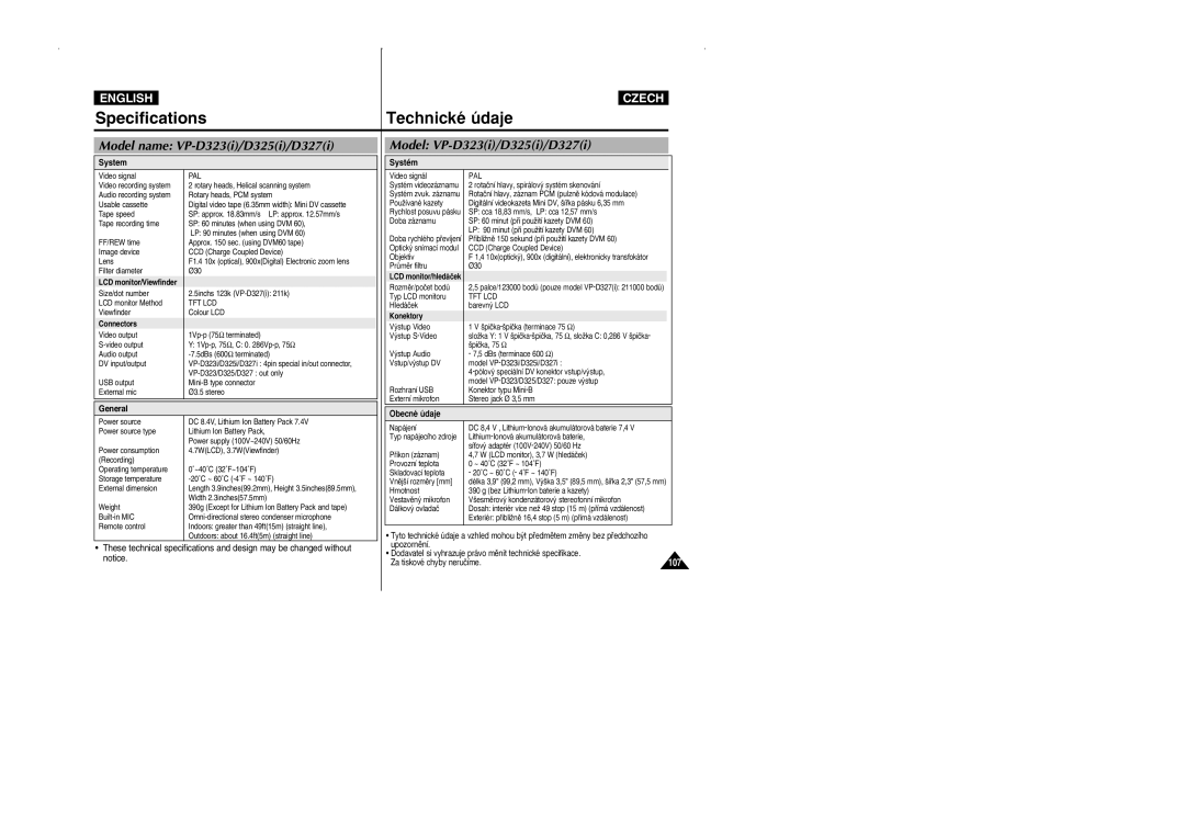 Samsung CZECH manual Specifications, Model name VP-D323i/D325i/D327i, Model VP-D323i/D325i/D327i 