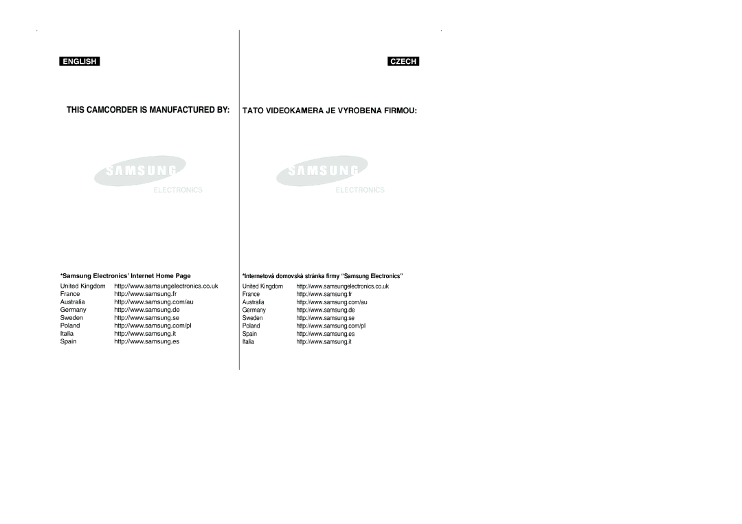 Samsung CZECH manual United Kingdom, France, Australia, Germany, Sweden, Poland, Spain, Italia 