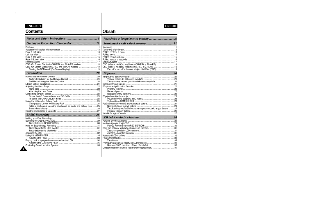 Samsung CZECH manual Contents Obsah 