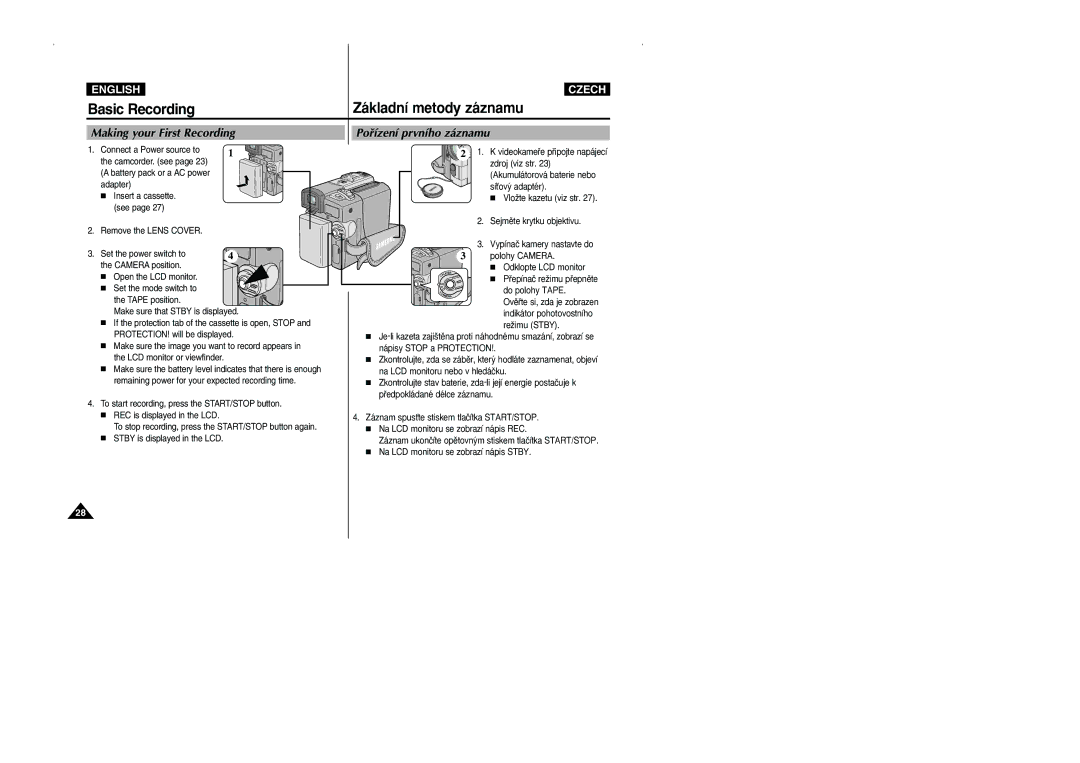 Samsung CZECH manual Making your First Recording, Poﬁízení prvního záznamu, Connect a Power source to Camcorder. see 