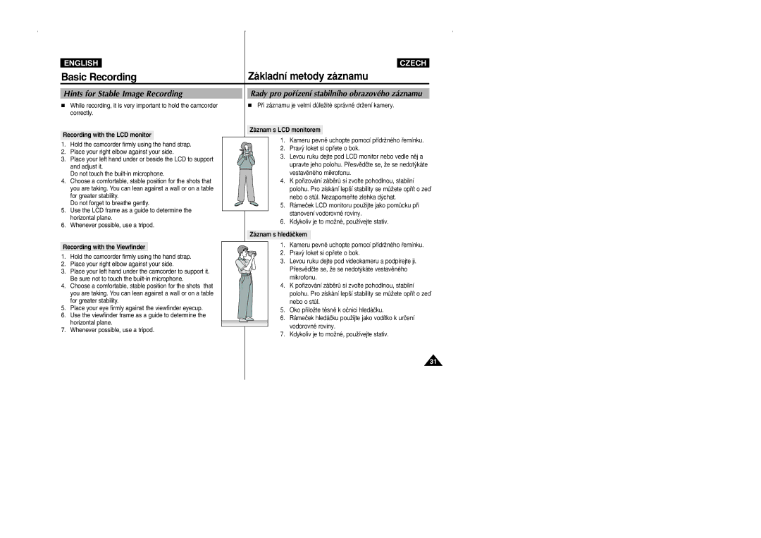 Samsung CZECH manual Hints for Stable Image Recording, Recording with the LCD monitor, Záznam s LCD monitorem 