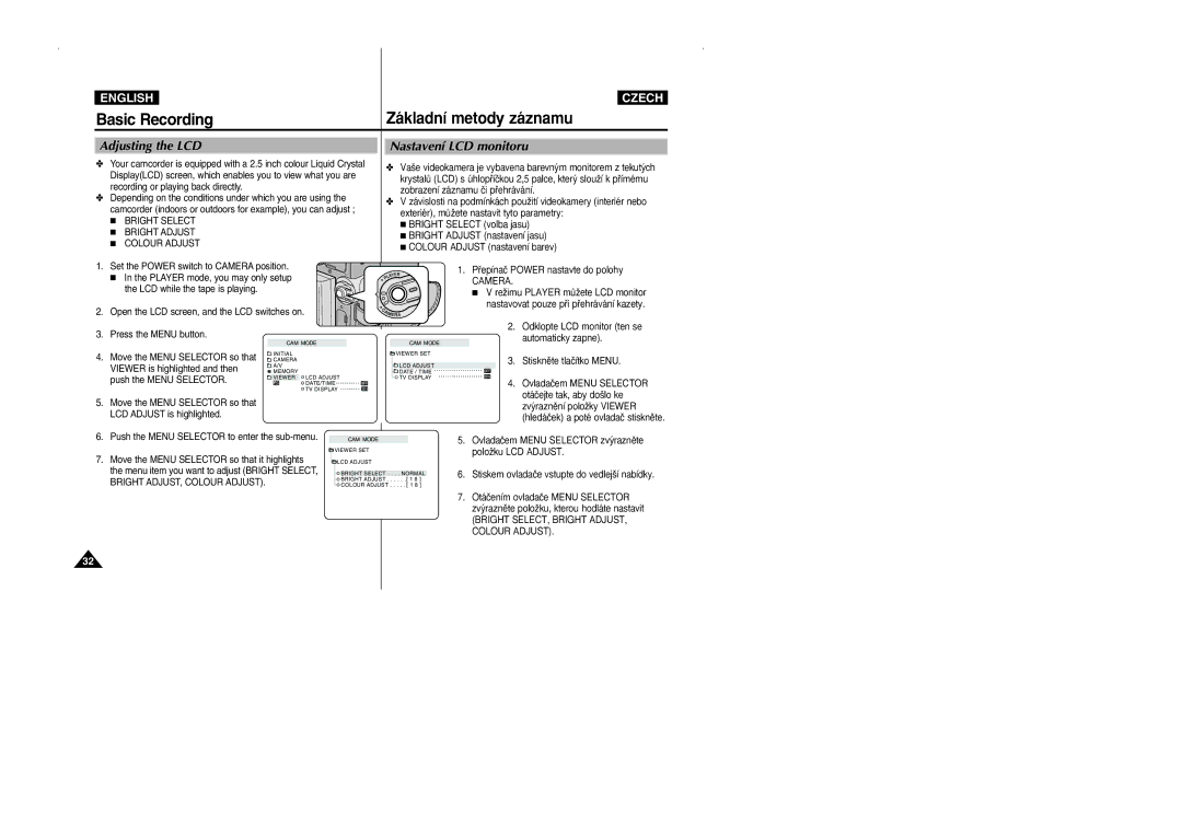 Samsung CZECH manual Adjusting the LCD, Nastavení LCD monitoru, Camera, Bright SELECT, Bright ADJUST, Colour Adjust 