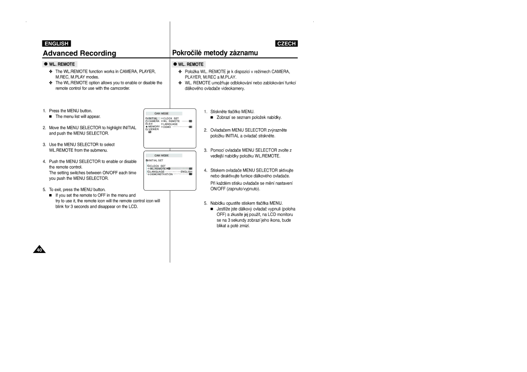 Samsung CZECH manual WL.REMOTE function works in CAMERA, Player, REC, M.PLAY modes PLAYER, M.REC a M.PLAY 