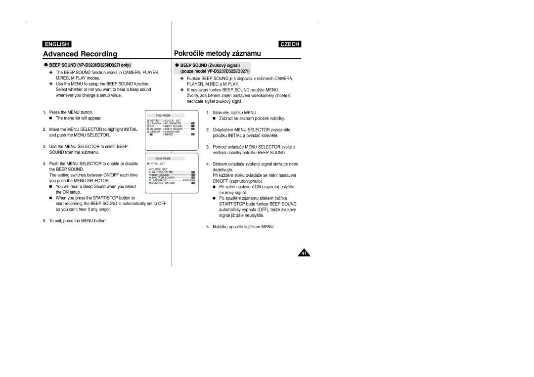 Samsung CZECH manual Beep Sound VP-D323i/D325i/D327i only, Move the Menu Selector to highlight Initial 