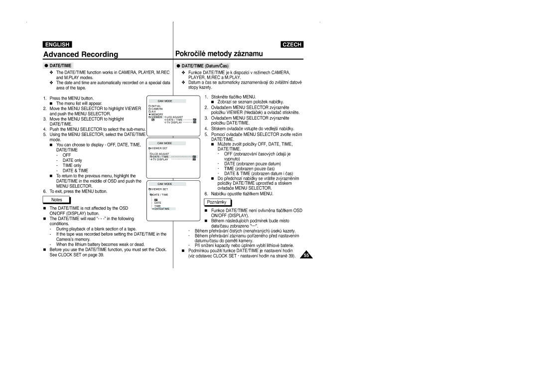 Samsung CZECH manual DATE/TIME Datum/âas, Date/Time, ON/OFF Display 