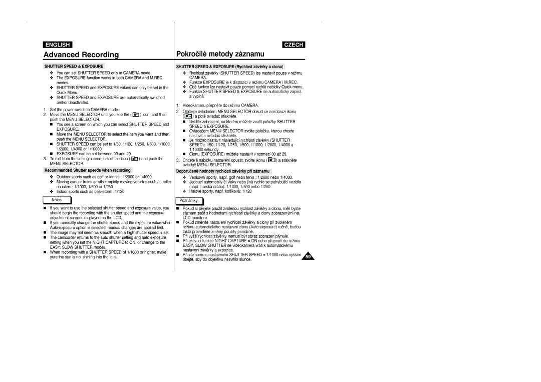 Samsung CZECH manual Recommended Shutter speeds when recording, Shutter Speed & Exposure Rychlost závûrky a clona 