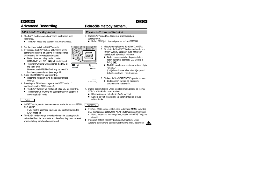 Samsung CZECH manual Easy Mode for Beginners, ReÏim Easy Pro zaãáteãníky, Same time, Dis 