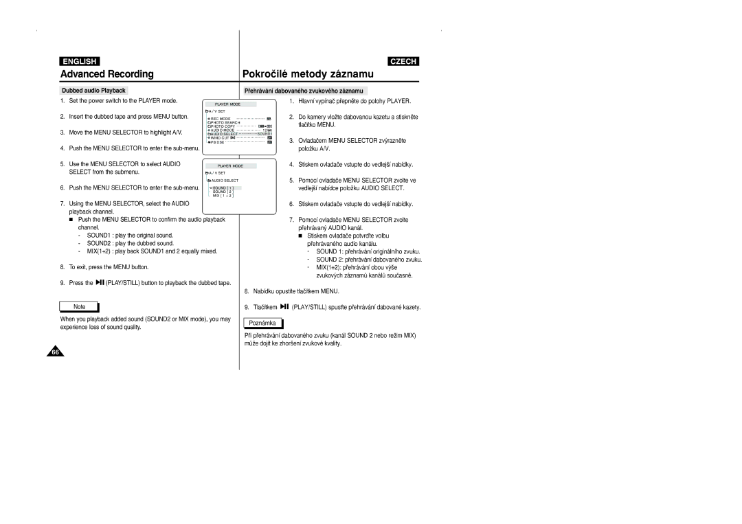 Samsung CZECH manual Dubbed audio Playback, Tlaãítko Menu, PoloÏku A/V, Vedlej‰í nabídce poloÏku Audio Select 