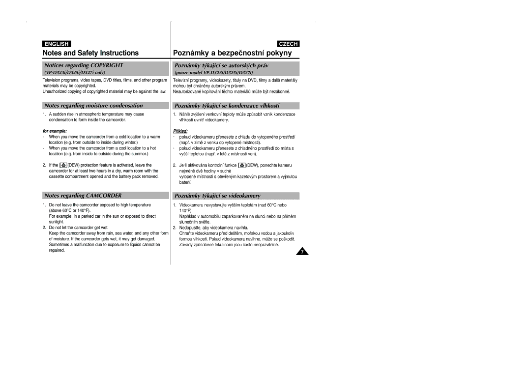 Samsung CZECH manual Poznámky t˘kající se autorsk˘ch práv, Poznámky t˘kající se kondenzace vlhkosti 