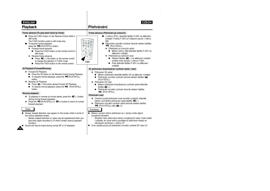 Samsung CZECH manual Frame advance To play back frame by frame, X2 Playback Forward/Reverse, Reverse playback 