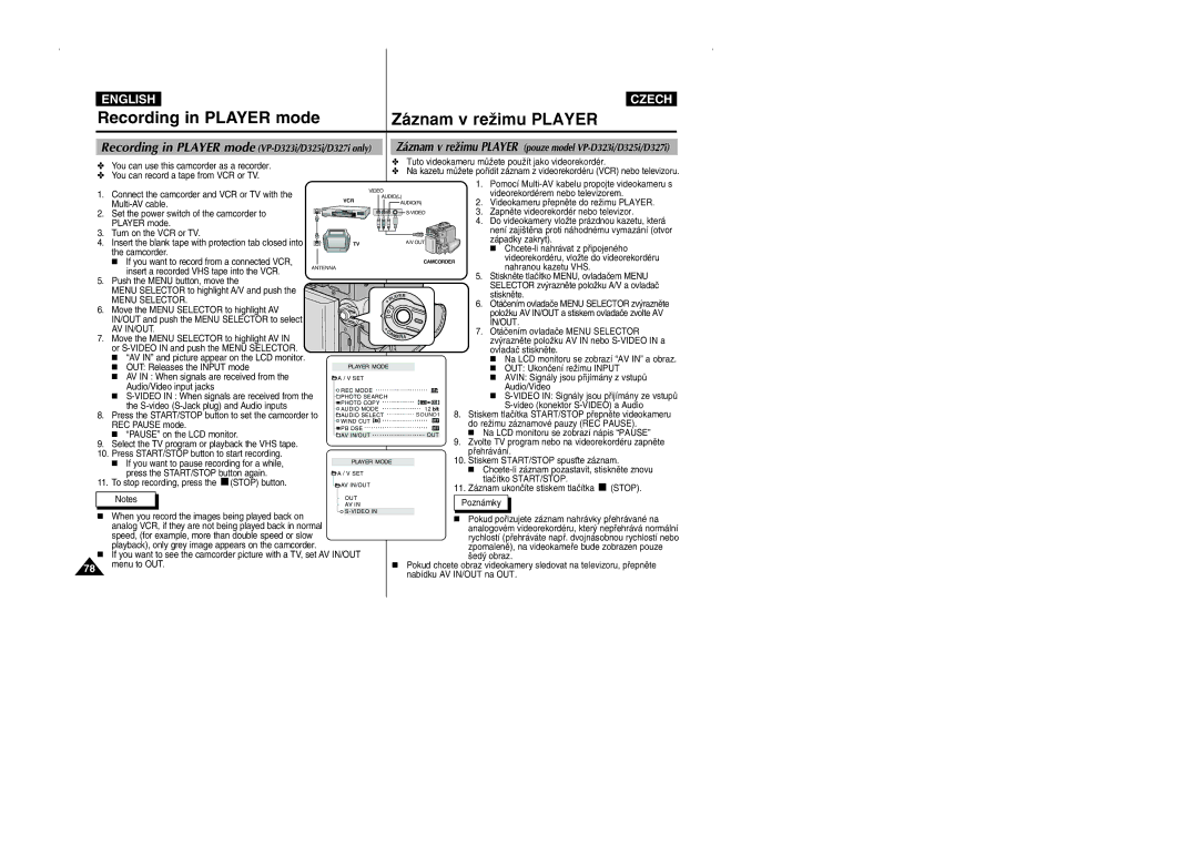 Samsung CZECH manual Recording in Player mode Záznam v reÏimu Player, Recording in Player mode VP-D323i/D325i/D327i only 