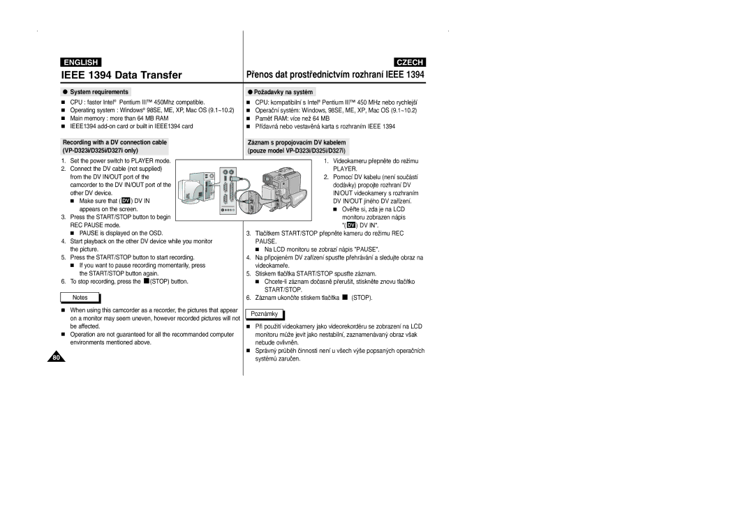 Samsung CZECH System requirements, PoÏadavky na systém, Recording with a DV connection cable, VP-D323i/D325i/D327i only 