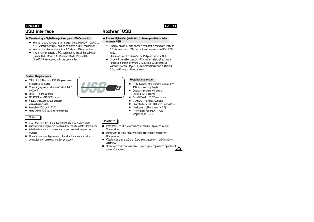 Samsung CZECH manual USB interface, Transferring a Digital Image through a USB Connection 