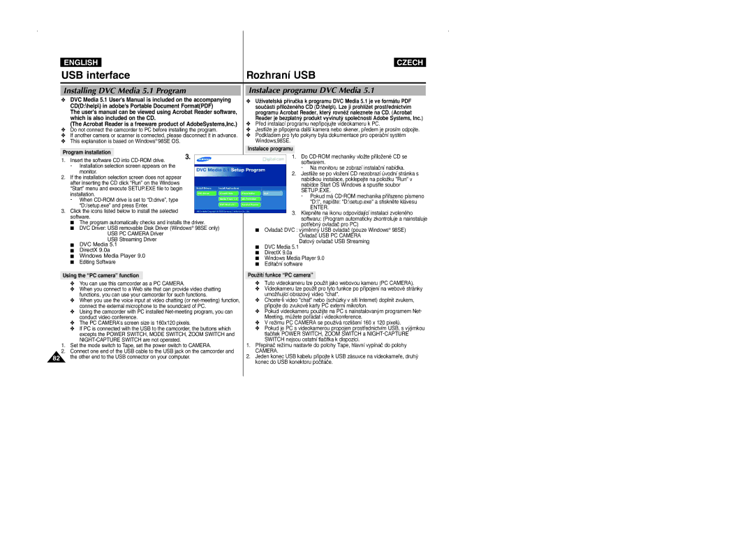 Samsung CZECH manual USB interface Rozhraní USB, Installing DVC Media 5.1 Program, Instalace programu DVC Media 