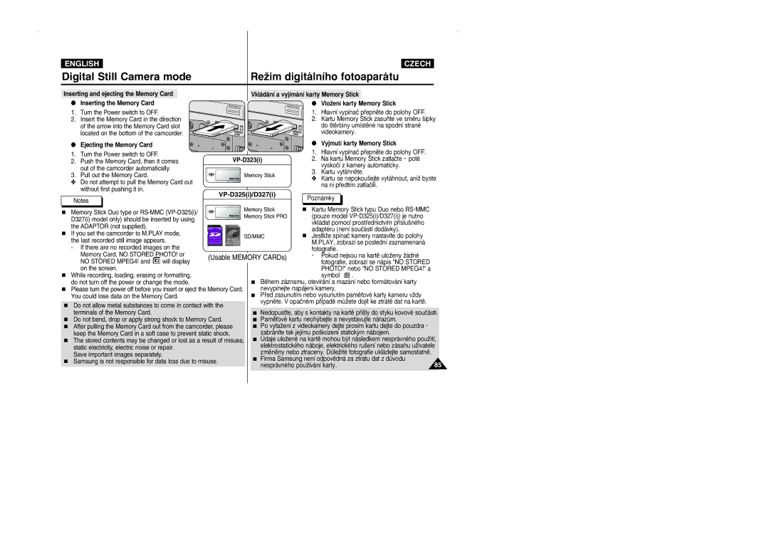 Samsung CZECH manual Digital Still Camera mode, Ejecting the Memory Card, Turn the Power switch to OFF 