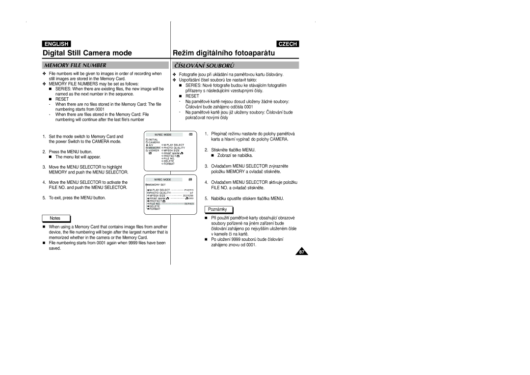 Samsung CZECH manual ÂÍSLOVÁNÍ Souborò, Reset, Po uloÏení 9999 souborÛ bude ãíslování zahájeno znovu od 