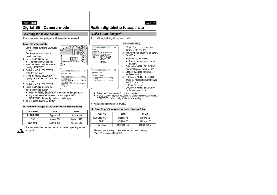 Samsung CZECH manual Selecting the image quality, Volba kvality fotografie, Quality 8MB 