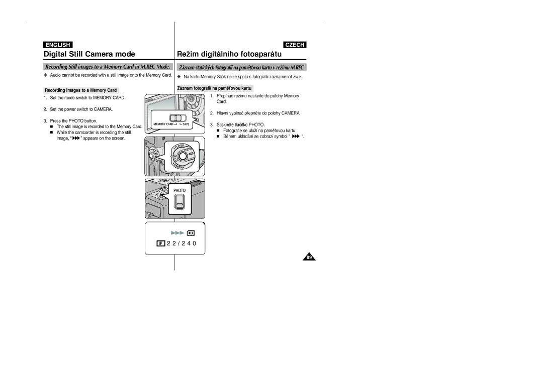 Samsung CZECH manual Recording images to a Memory Card, Záznam fotografií na pamûÈovou kartu 