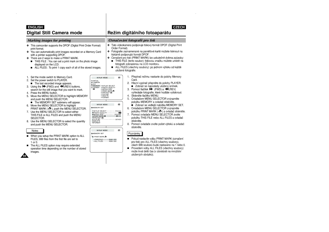 Samsung CZECH manual Marking images for printing, Oznaãování fotografií pro tisk, Zobrazí se vedlej‰í nabídka Memory SET 