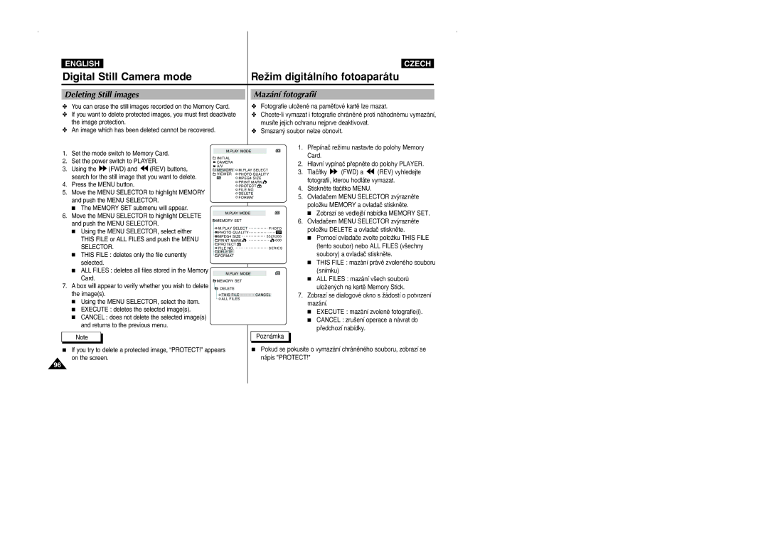 Samsung CZECH manual Deleting Still images, Mazání fotografií, You can erase the still images recorded on the Memory Card 