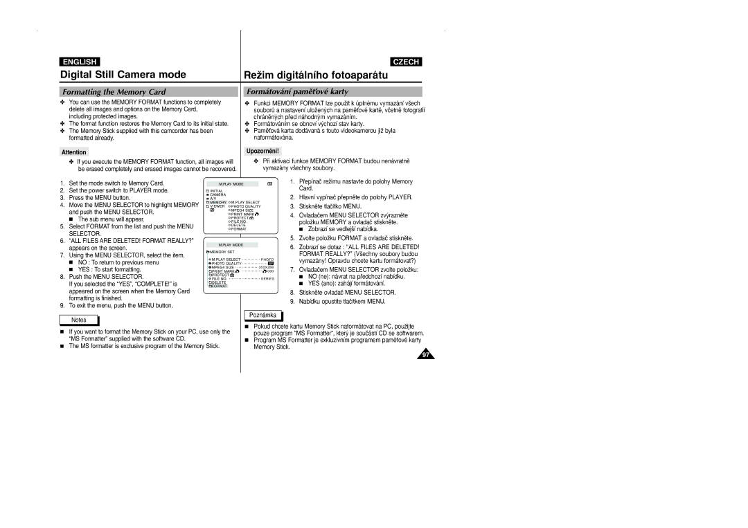 Samsung CZECH manual Formatting the Memory Card, Formátování pamûÈové karty, Upozornûní 