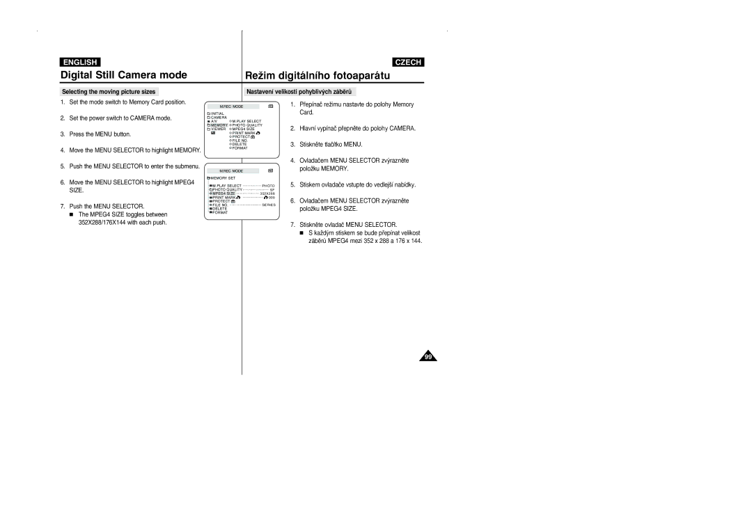 Samsung CZECH manual MPEG4 Size toggles between 352X288/176X144 with each push 