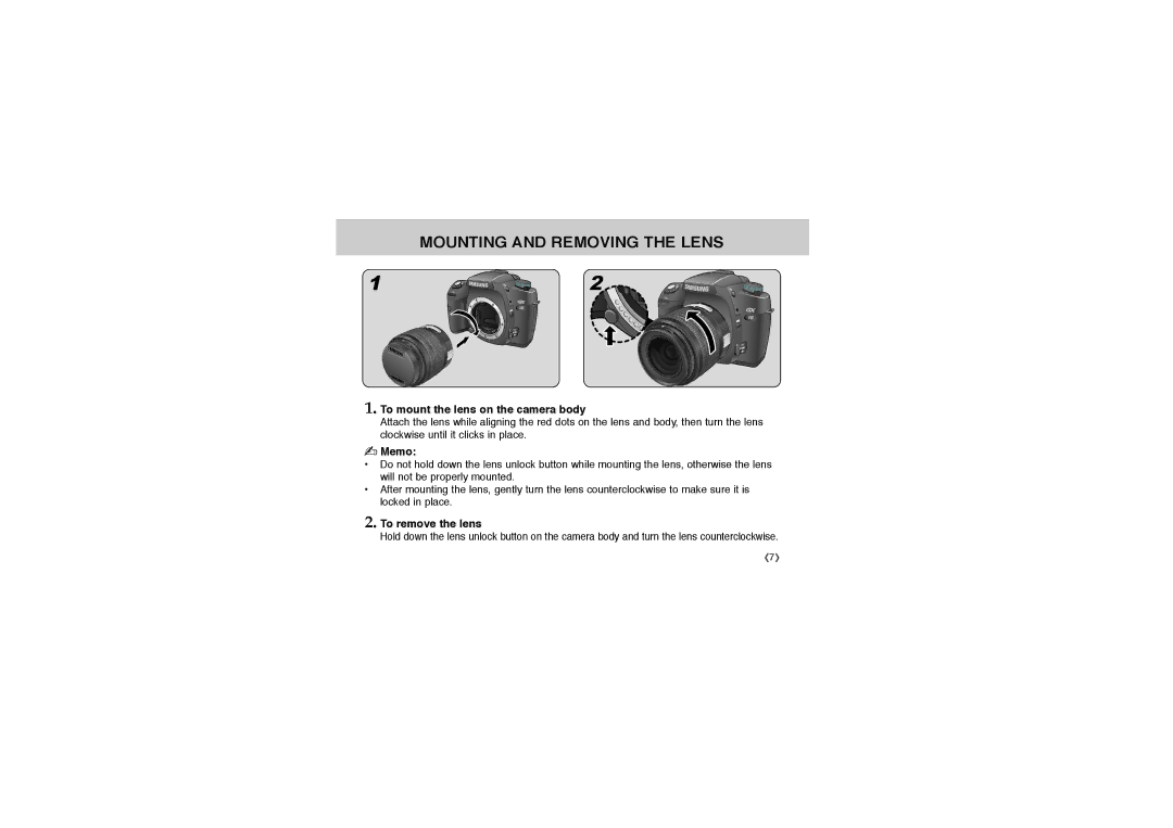 Samsung D-XENOGON 35 manual Mounting and Removing the Lens, To mount the lens on the camera body, Memo, To remove the lens 