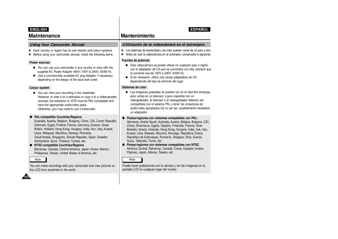 Samsung D250(i), D270(i), D230(i) manual Using Your Camcorder Abroad, Utilización de la videocámara en el extranjero 