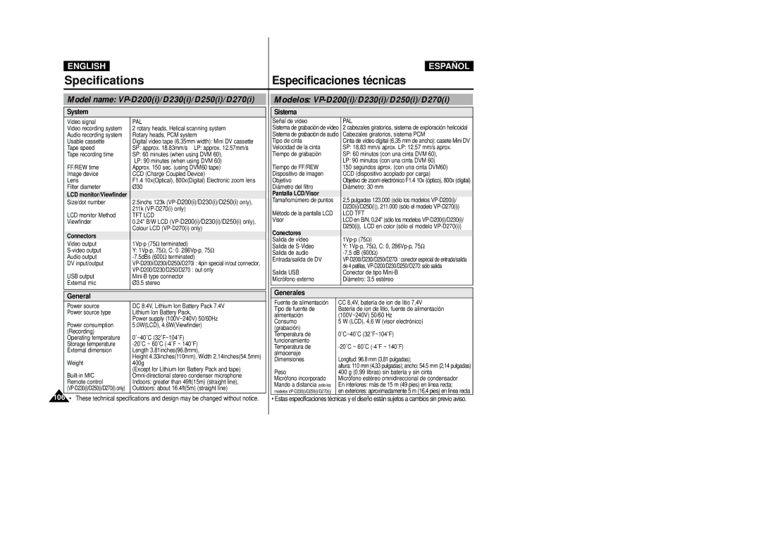 Samsung D270(i), D250(i) manual Model name VP-D200i/D230i/D250i/D270i, Modelos VP-D200i/D230i/D250i/D270i, System, Sistema 