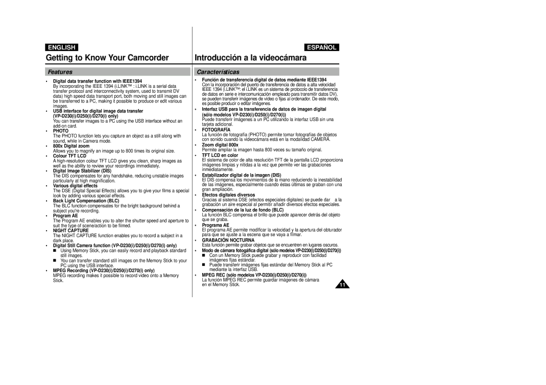 Samsung D230(i), D250(i), D270(i) manual Getting to Know Your Camcorder, Features, Características 