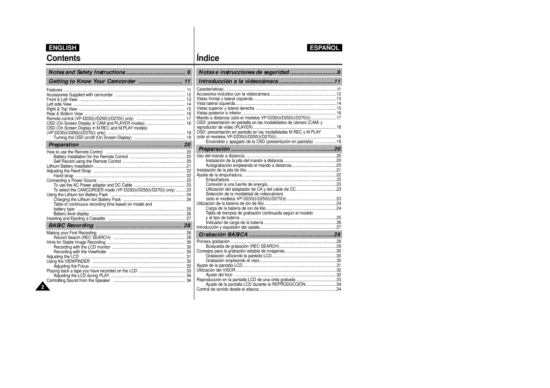 Samsung D230(i), D250(i), D270(i) manual Contents Índice 