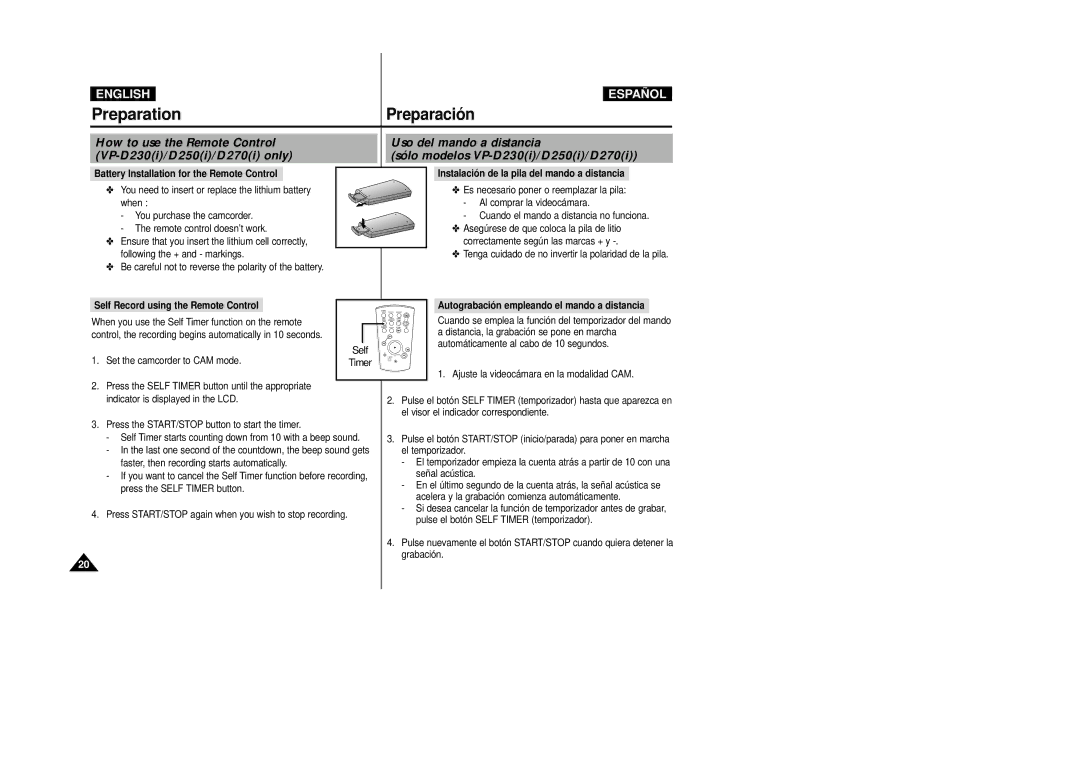 Samsung D230(i) manual How to use the Remote Control VP-D230i/D250i/D270i only, Battery Installation for the Remote Control 