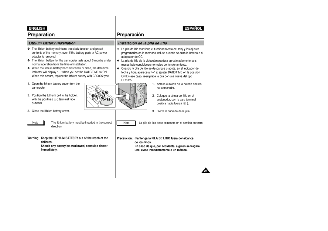 Samsung D250(i), D270(i), D230(i) manual Lithium Battery Installation, Instalación de la pila de litio, Direction 