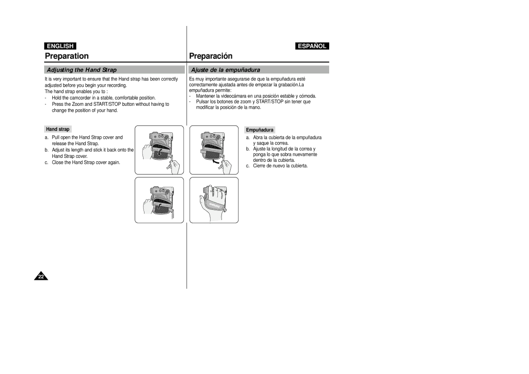 Samsung D270(i), D250(i), D230(i) manual Adjusting the Hand Strap, Ajuste de la empuñadura, Hand strap, Empuñ adura 