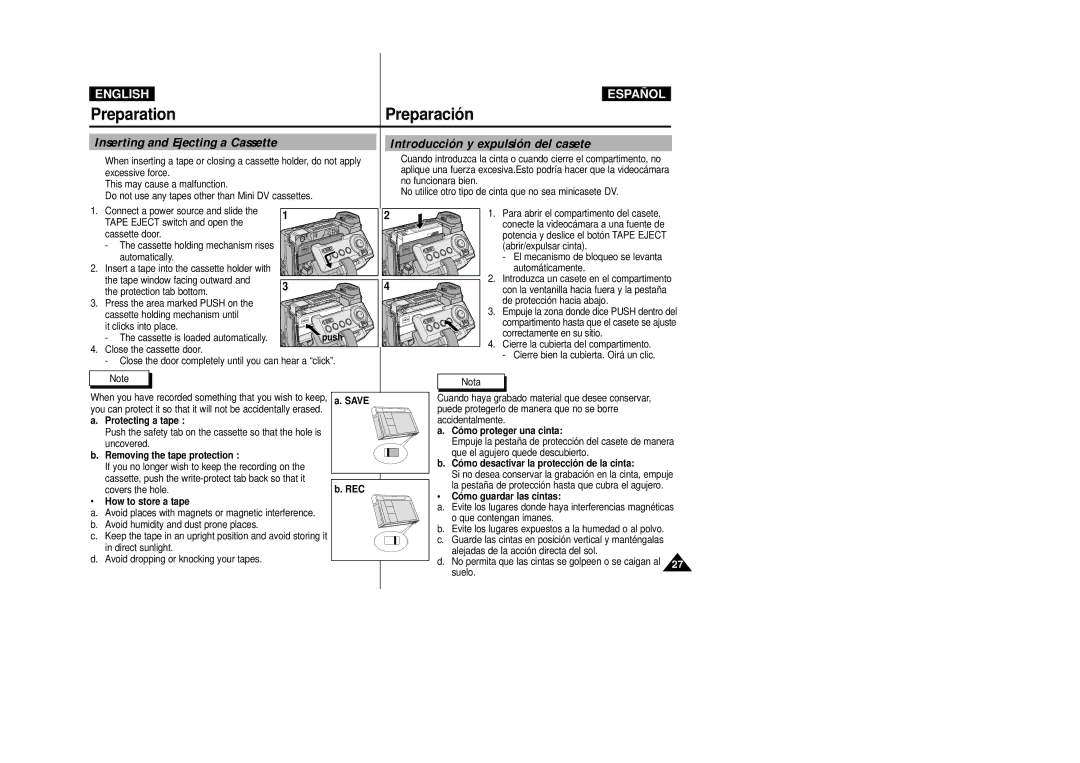 Samsung D250(i), D270(i), D230(i) manual Inserting and Ejecting a Cassette, Introducción y expulsión del casete 