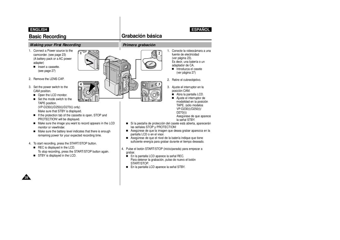 Samsung D270(i), D250(i), D230(i) manual Basic Recording, Making your First Recording, Primera grabación, Start/Stop 