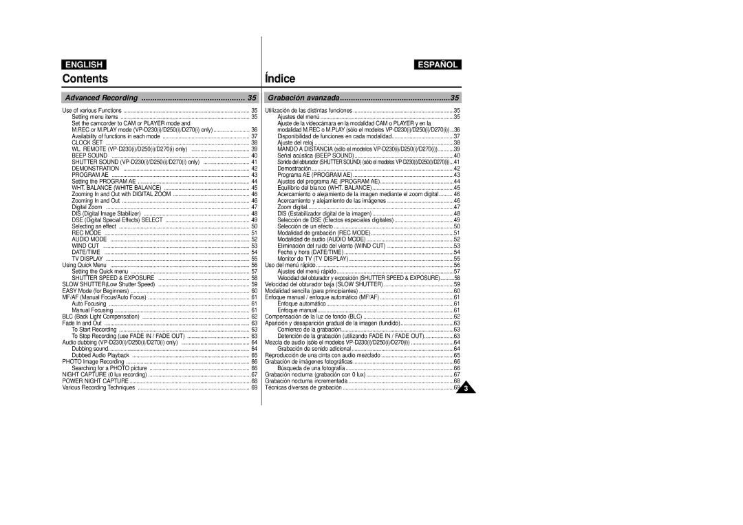 Samsung D250(i), D270(i), D230(i) manual Contents Índice 