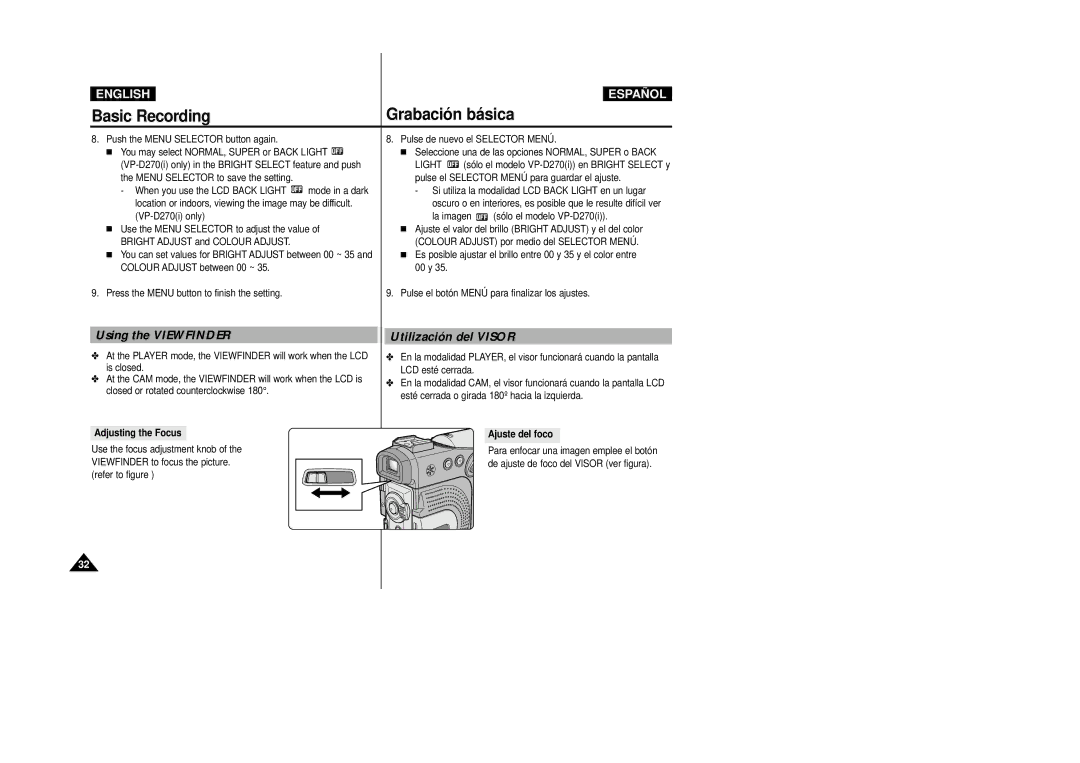 Samsung D230(i) manual Using the Viewfinder, Utilización del Visor, La imagen sólo el modelo VP-D270i, Adjusting the Focus 