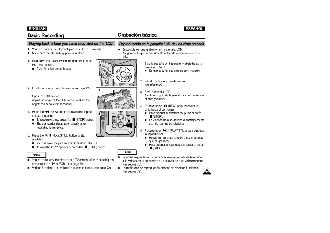 Samsung D250(i), D270(i), D230(i) manual Playing back a tape you have recorded on the LCD, Stop 