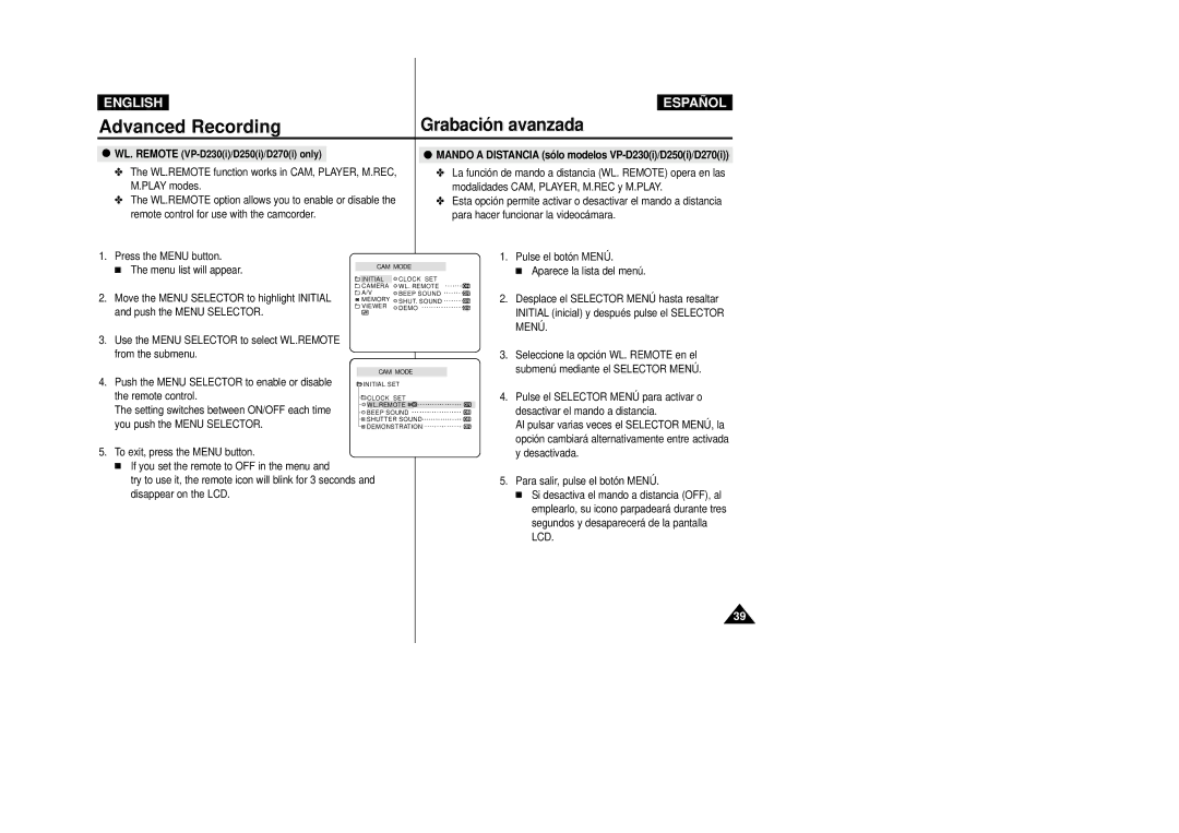 Samsung D250(i), D270(i), D230(i) manual Mando a Distancia sólo mo delos VP-D230i/D250i/D270i, Lcd 