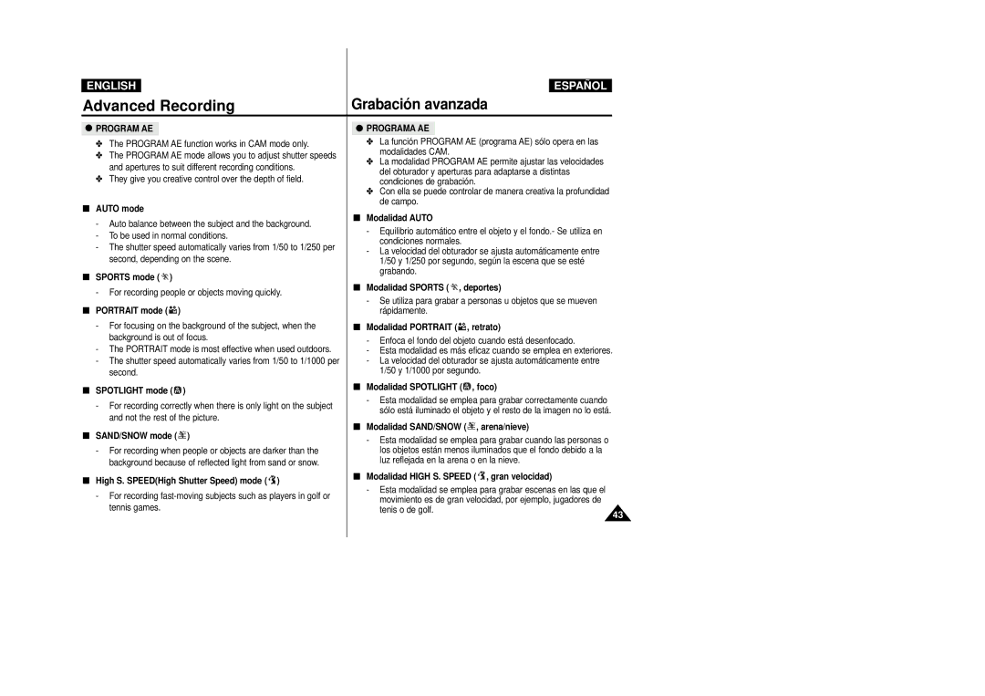 Samsung D270(i), D250(i), D230(i) manual Program AE, Programa AE 