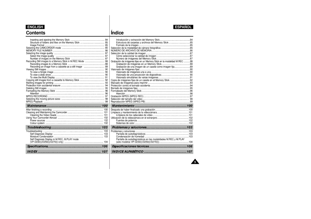 Samsung D230(i), D250(i), D270(i) manual Maintenance, Mantenimiento, Troubleshooting, Problemas y soluciones, 106, 107 