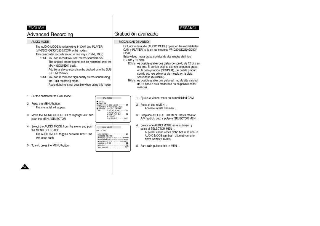 Samsung D270(i), D250(i), D230(i) Modalidad DE Audio, Seleccione Audio Mode en el submenú y, Entre 12 bits y 16 bits 