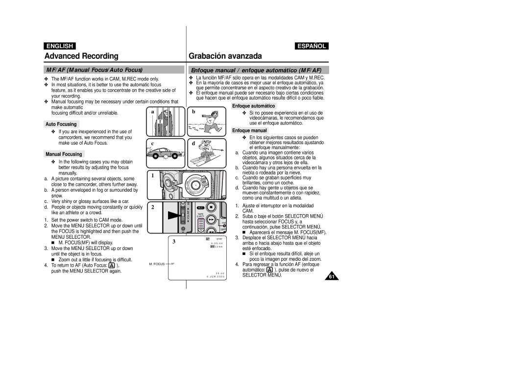 Samsung D270(i), D250(i) Advanced Recording, MF/AF Manual Focus/Auto Focus, Enfoque manual / enfoque automático MF/AF 