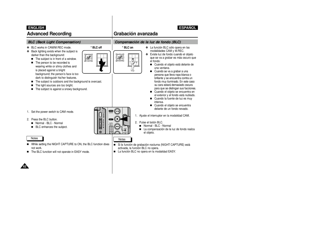 Samsung D230(i) BLC Back Light Compensation, Compensación de la luz de fondo BLC, BLC works in CAM/M.REC mode, BLC on 