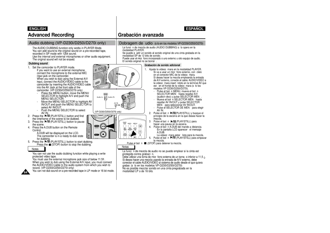 Samsung D270(i), D250(i) Advanced Recording Grabación avanzada, Audio dubbing VP-D230i/D250i/D270i only, Dubbing sound 