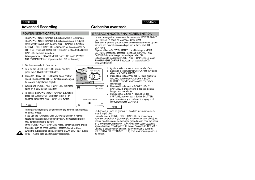 Samsung D230(i), D250(i), D270(i) manual Advanced Recording, Power Night Capture function works in CAM mode 