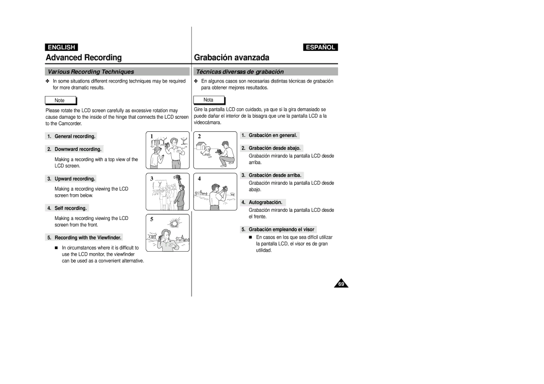 Samsung D250(i), D270(i), D230(i) manual Various Recording Techniques, Técnicas diversas de grabación 